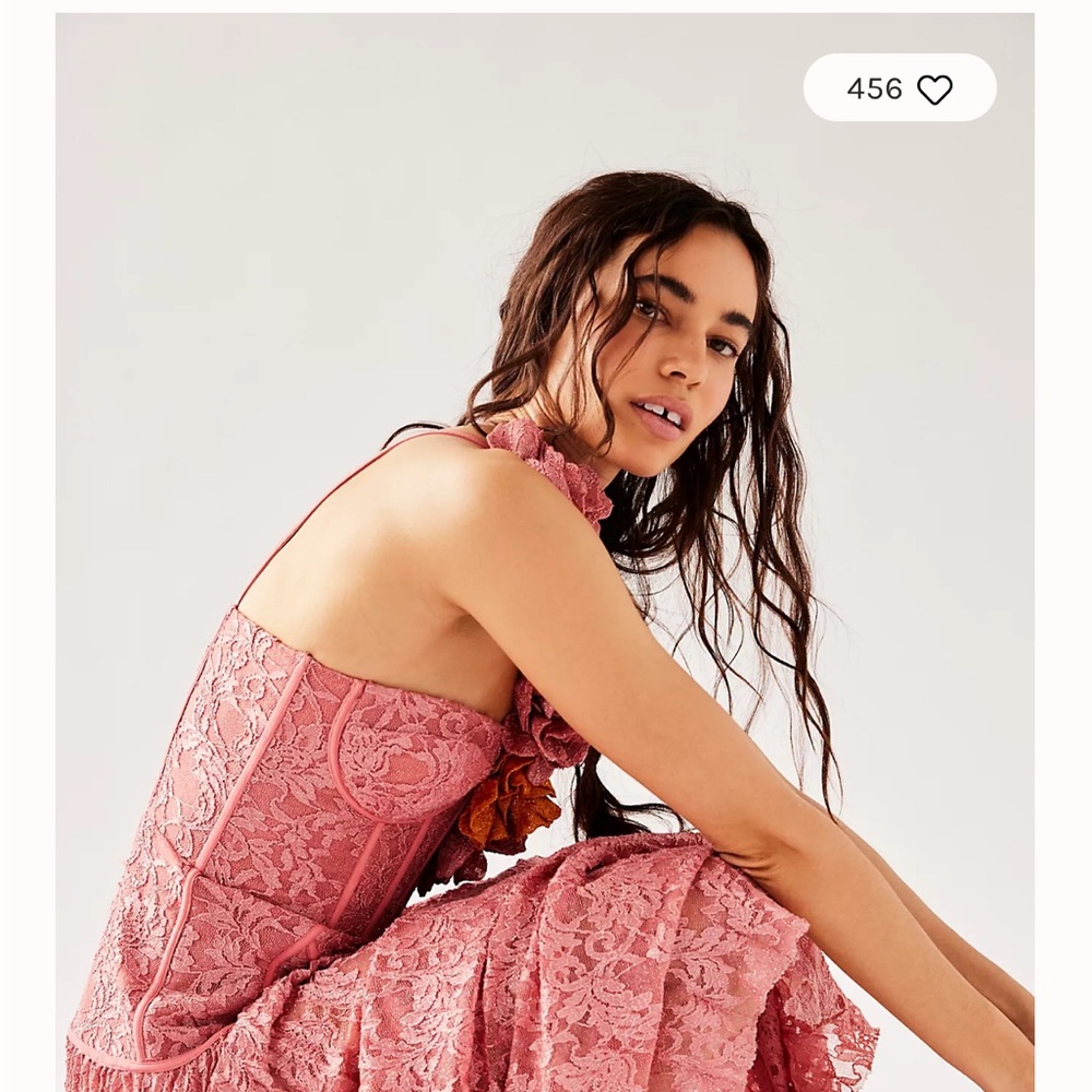 PatBO Hand -Embroidered Lace bustier pink Gown|Rose-One-Shoulder Floral Appliqué - Picture 6 of 8